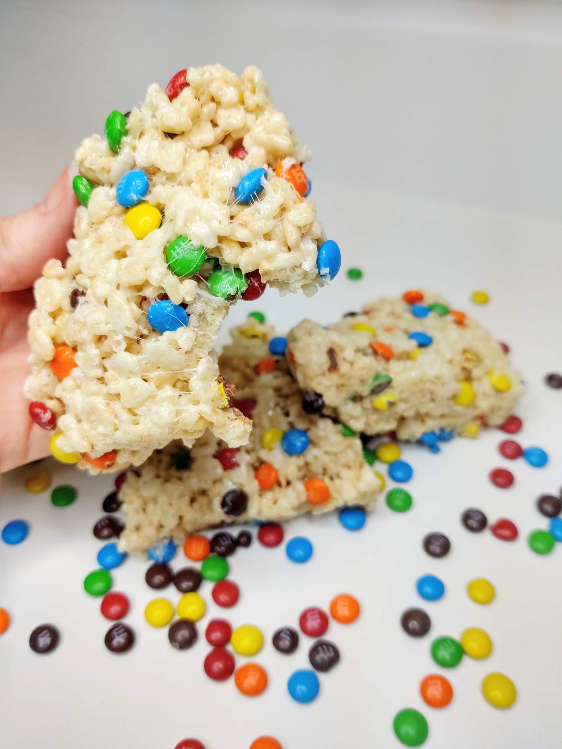 M&M Rice Krispie Treats with bite taken out