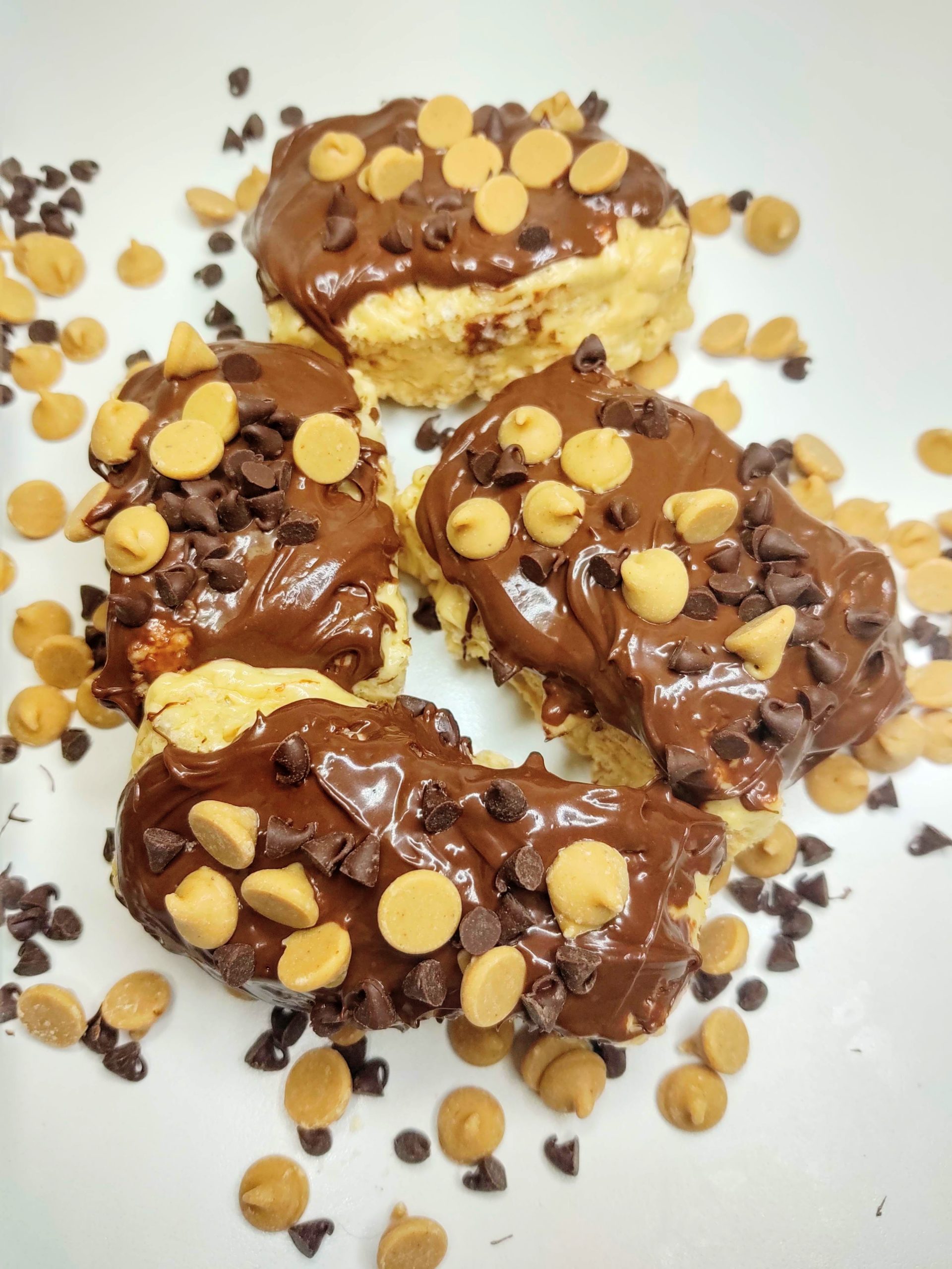 Chocolate Peanut Butter RIce Krispie Treats on a white table