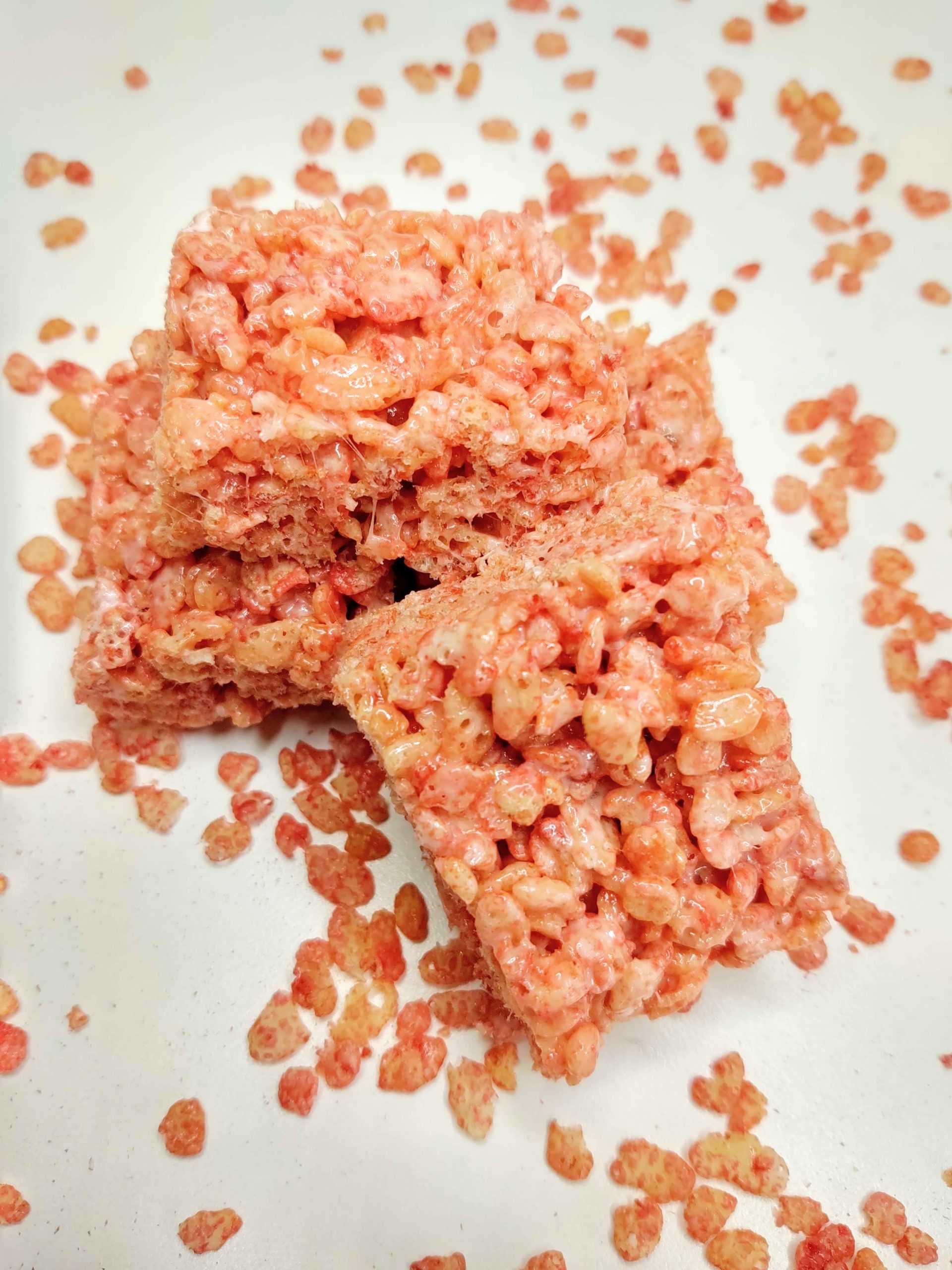strawberry rice krispie treats stacked on top of each other