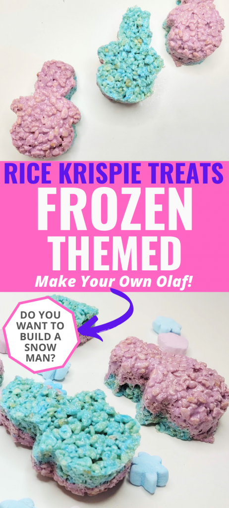 Pinterest image with Frozen themed Rice Krispie Treats with text reading, "Rice Krispie Treats Frozen Themed. Make your own Olaf! Do you want to build a snow man?"