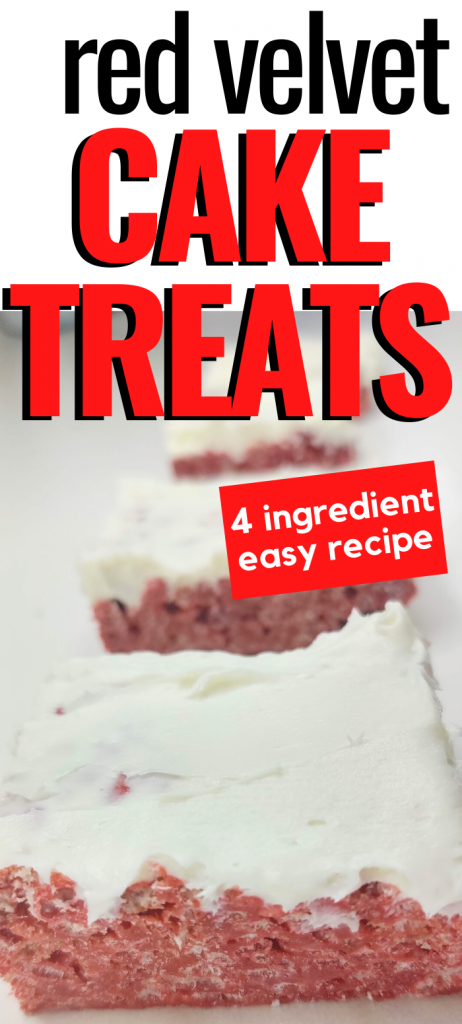 Pinterest image of red velvet cake rice krispie treat squares with text reading,"red velvet cake treats. 4 ingredient easy recipe"