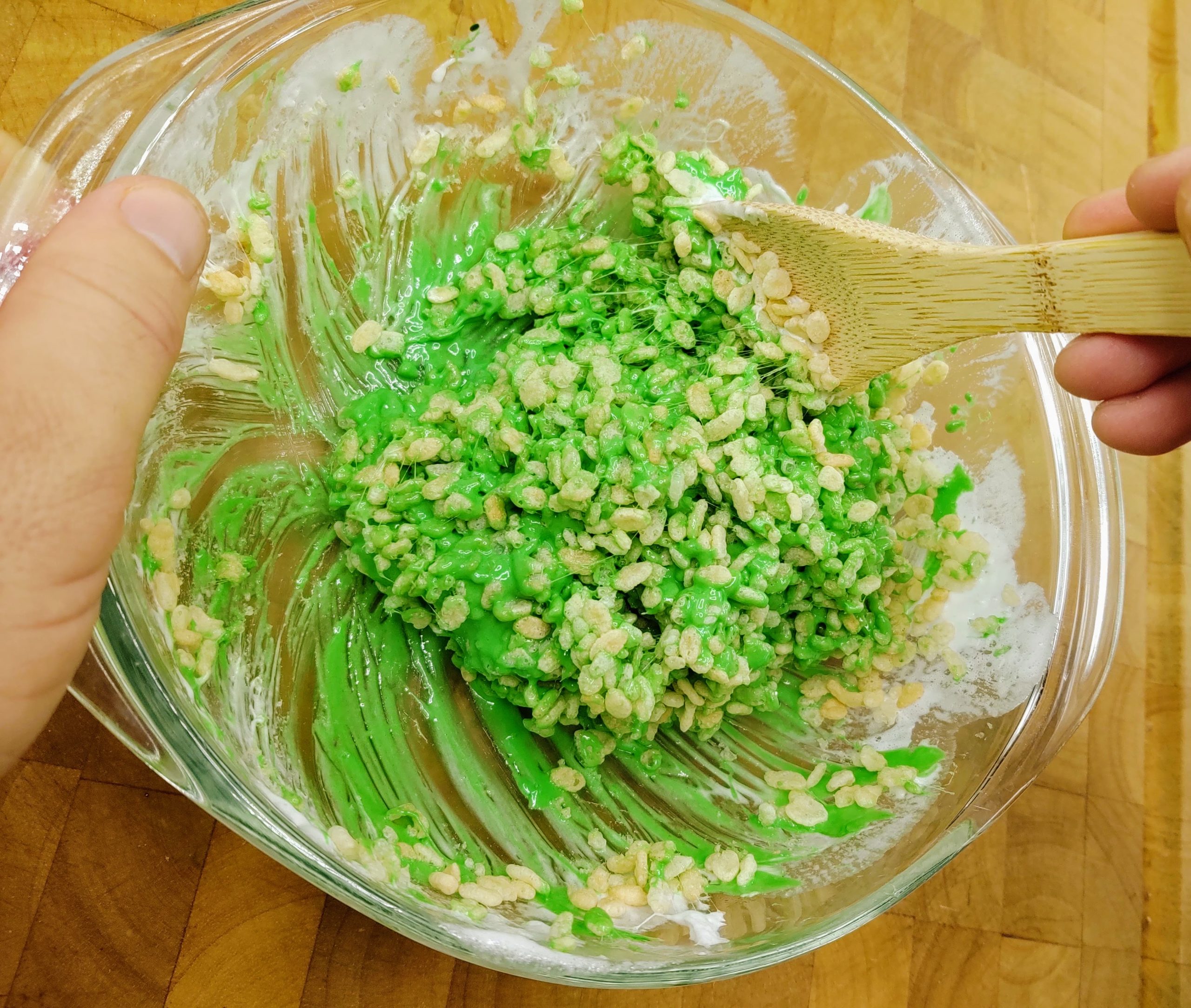 rice krispies mixed with green marshmallows
