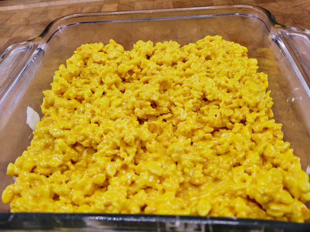 pan of yellow rice krispie treats