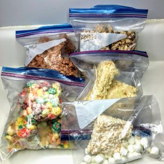 featured image for freezing rice krispie treats. 5 bags of various types of frozen rice krispie treats.