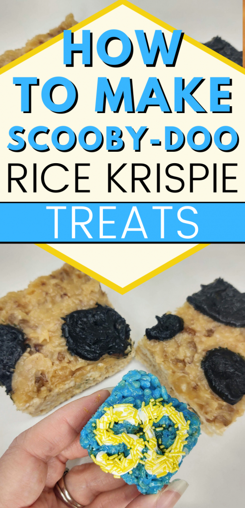 pinterest image of 2 scooby-doo rice krispie treat. text reads, "how to make scooby-doo rice krispie treat"