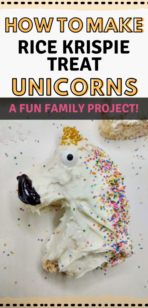 close up of unicorn rice krispie treat. text reads, "how to make rice krispie treat unicorns. a fun family project!"