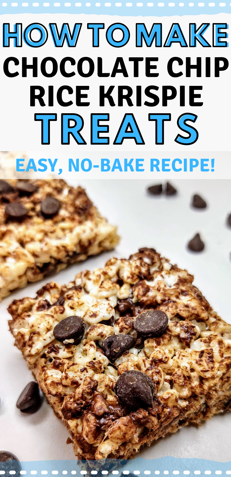 pinterest image featuring closeup of chocolate chip rice krispie treat. Text reads, "how to make chocolate rice krispie treats. easy, no-bake recipe!"