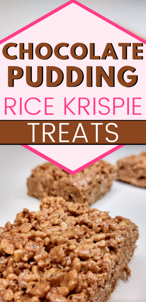 pinterest image featuring close up of 3 chocolate pudding rice krispie treats. Text reads, "chocolate pudding rice krispie treats"