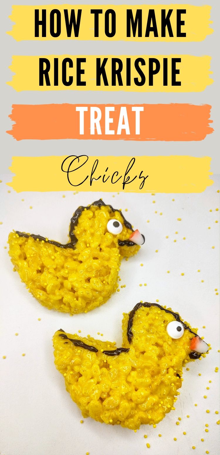 pinterest image of 2 rice krispie treat chicks. text reads, "how to make rice krispie treat chicks"