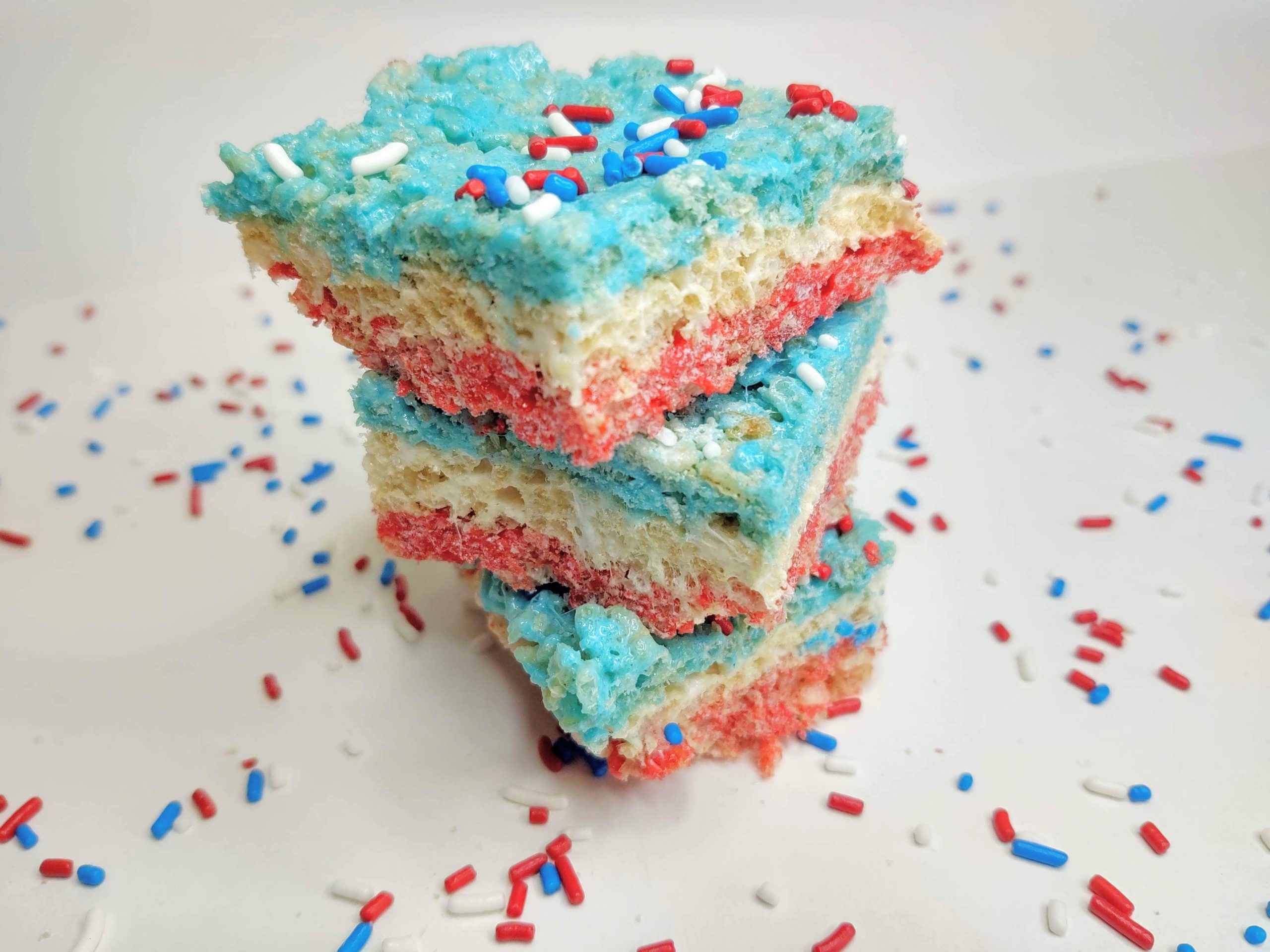 red white and blue layered rice krispie treats