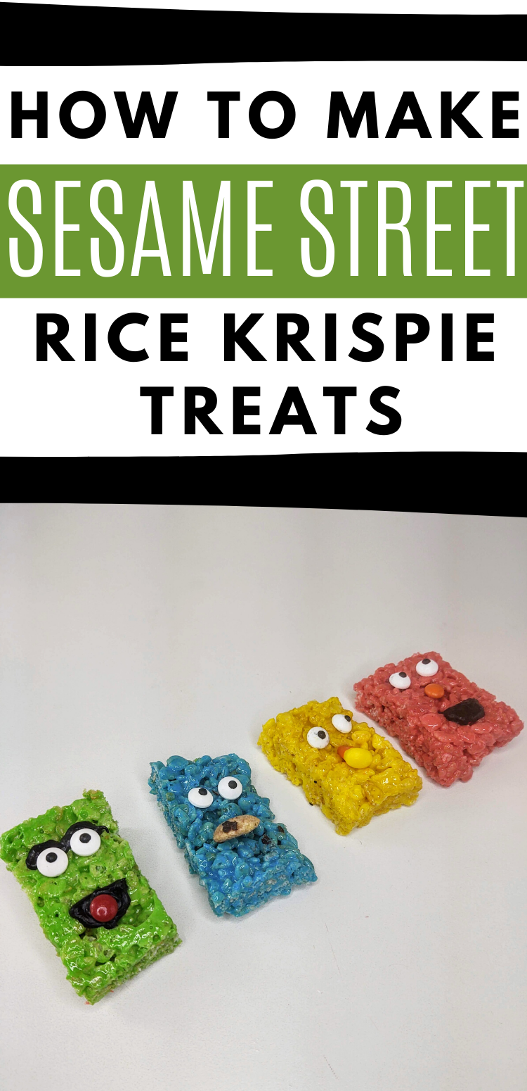 pinterest image with 4 seseame street character rice krispie treats. Text reads, "how to make sesame street rice krispie treats"