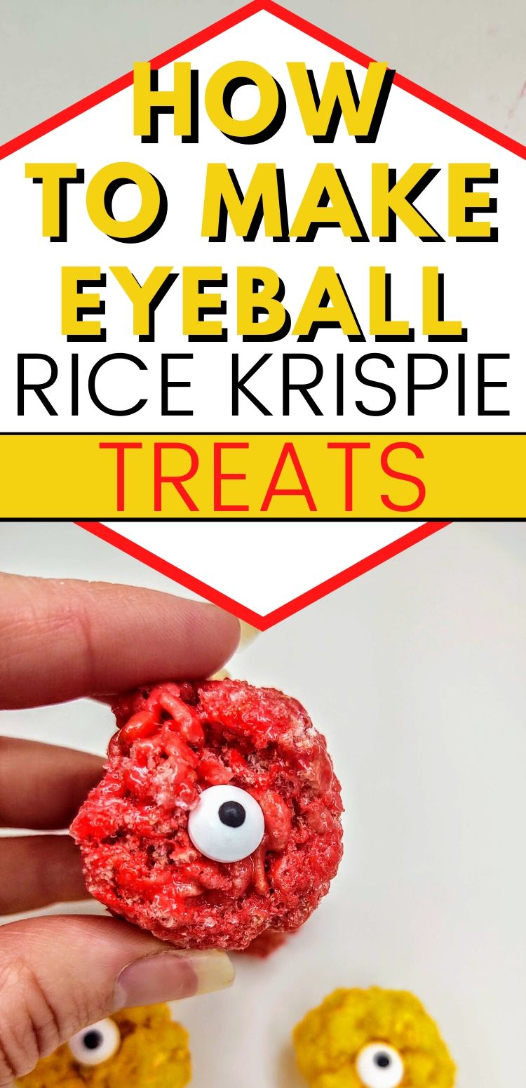 pinterest image of red eyeball. text reads, "how to make eyeball Rice Krispie Treats"