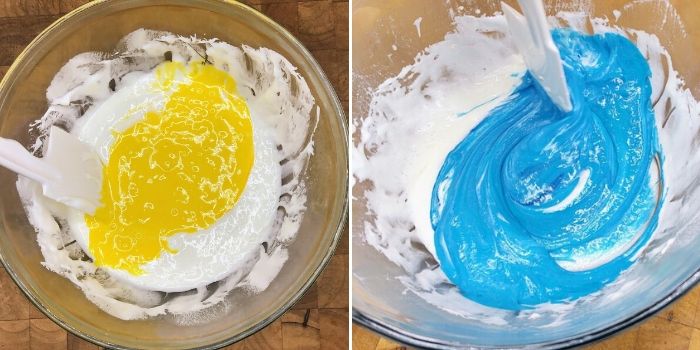 left image: yellow food coloring in melted marshmallow
right image: blue food coloring in melted marshmallow