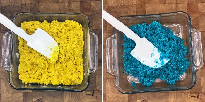 left image: yellow rice krispie treats
right image: blue rice krispie treats