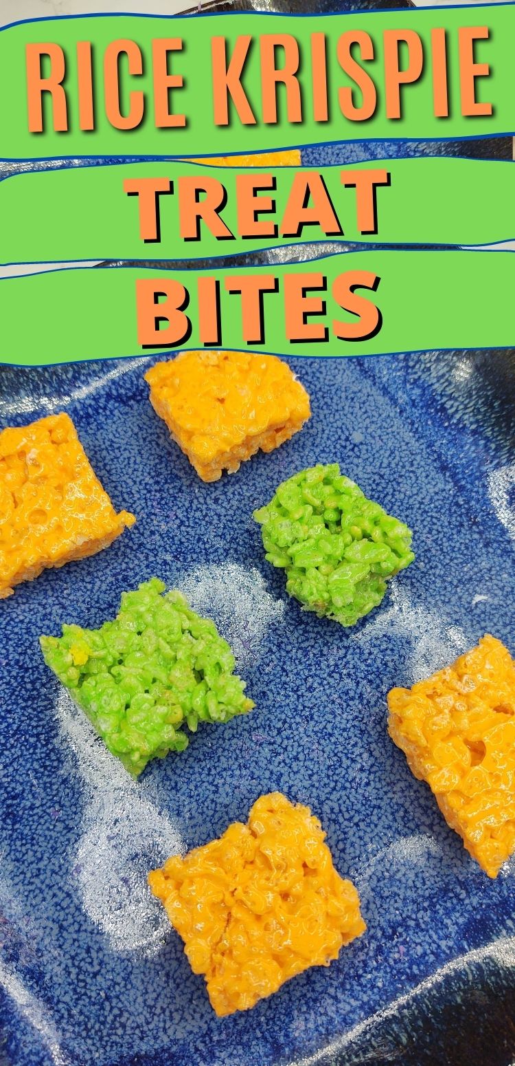 pinterest image. text reads, "rice krispie treat bites"