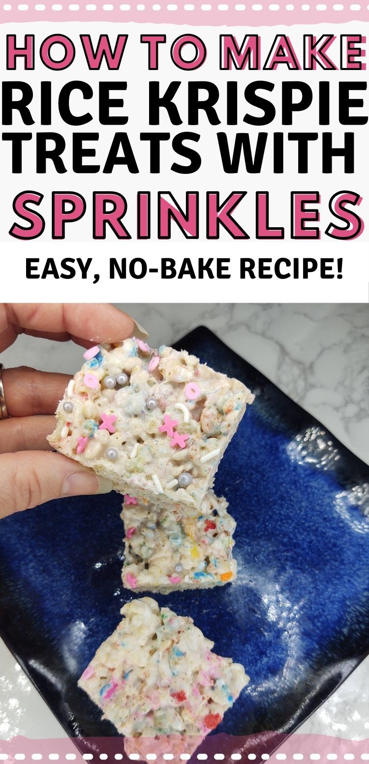 pinterest image. text reads, "how to make rice krispie treats with sprinkles. easy, no-bake recipe!"