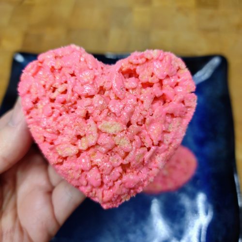 closeup of pink heart shaped rice krispie treat