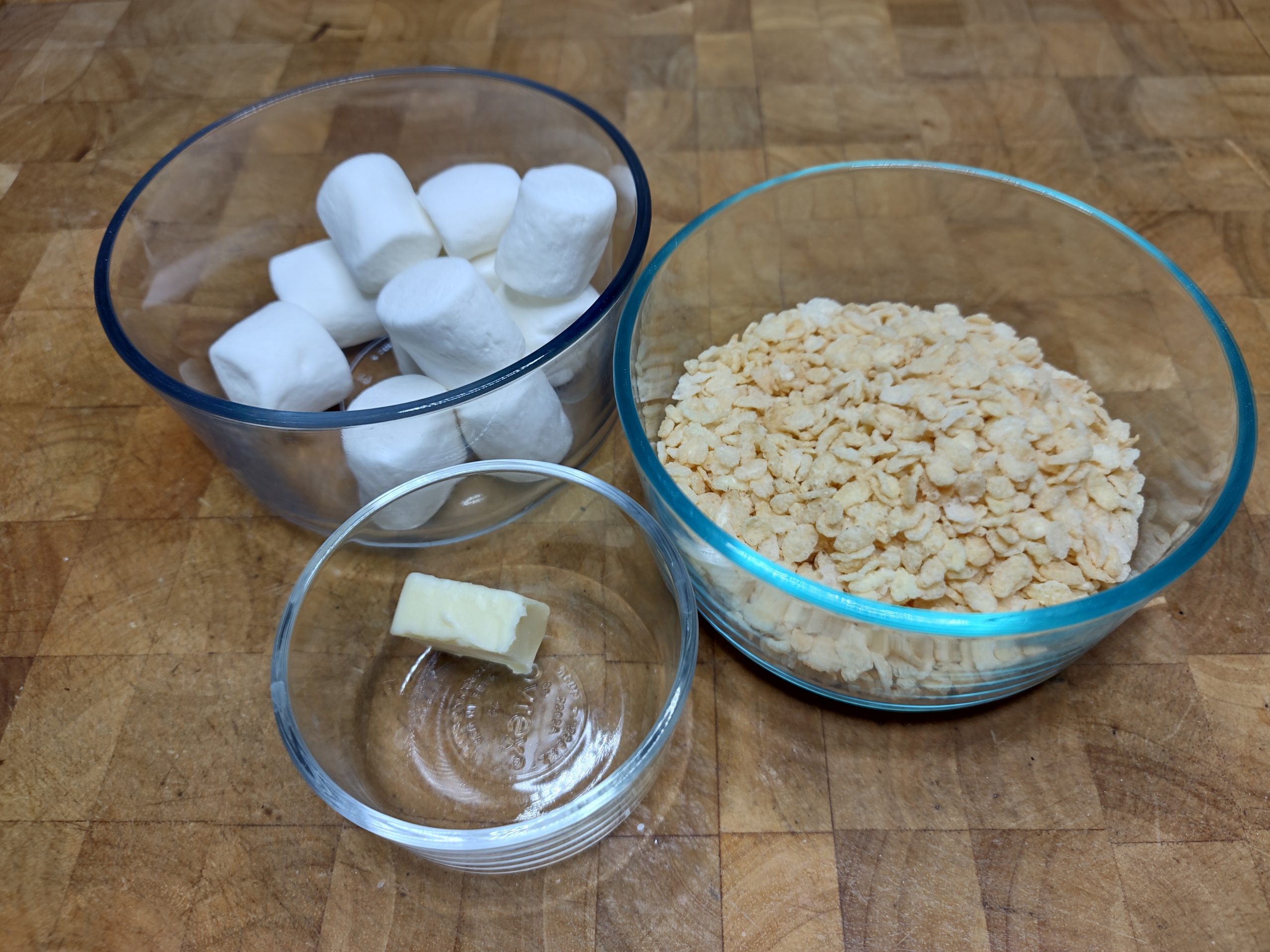 ingredients for small batch treats in pyrex bowls.