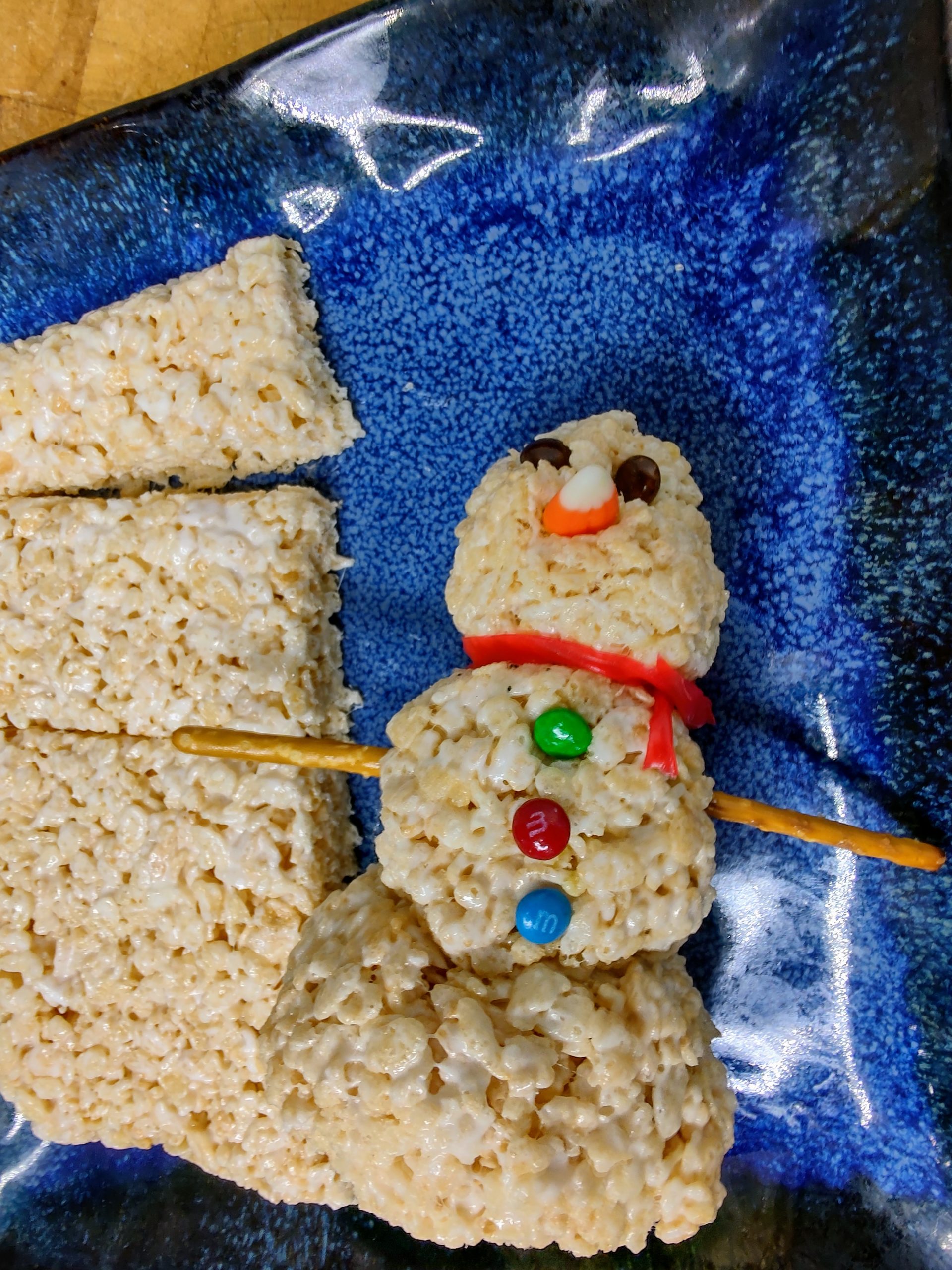 rice krispie snowman on plate
