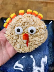closeup of rice krispie treat decorated like a turkey