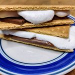 Closeup of two microwave smores on a plate.