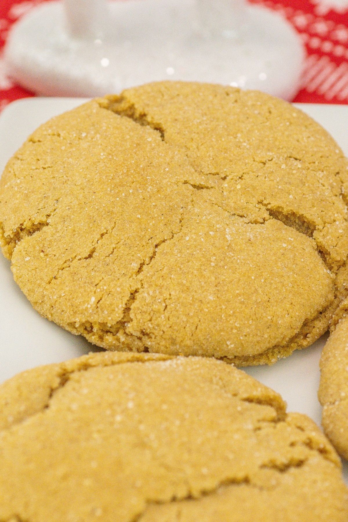 Chewy gingersnap cookies on a white plate.