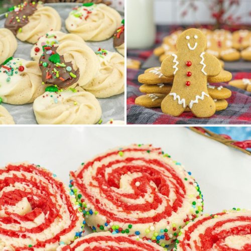Christmas cookie collage of butter cookies, gingerbread men and holiday pinwheels.