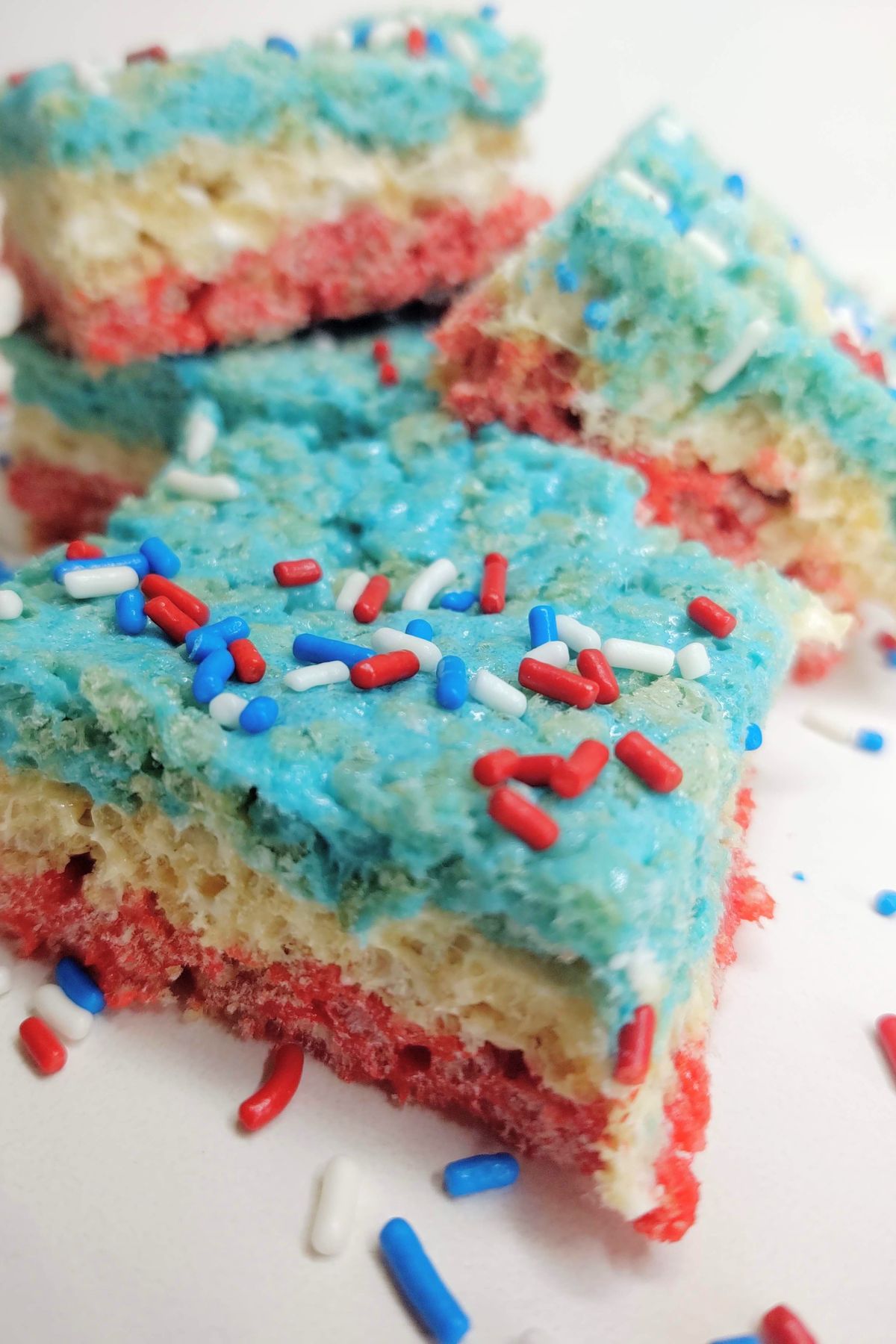 Stack of red, white and blue rice krispie treats.