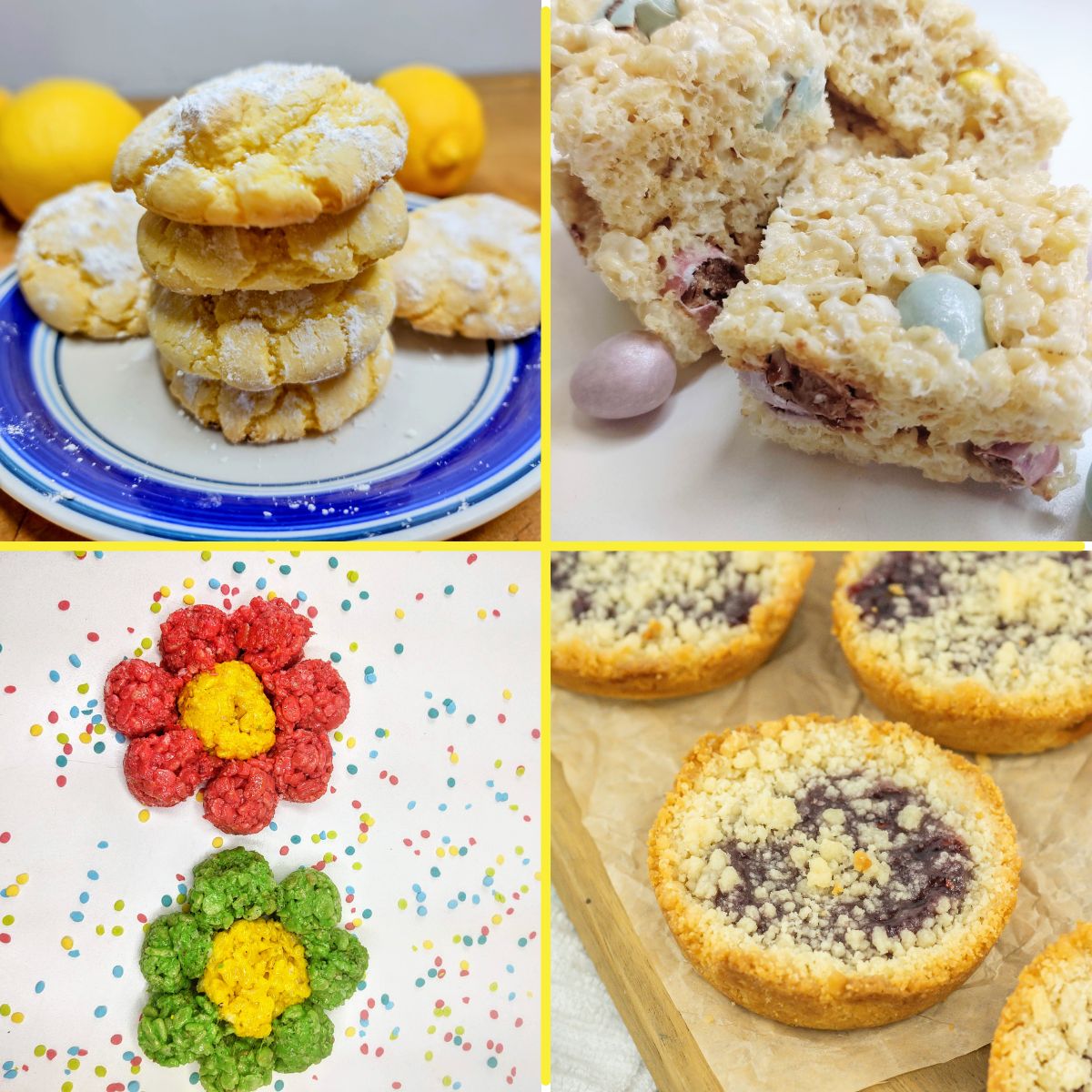 Grid of 4 spring desserts: lemon cake mix cookies, spring rice krispie treats, flower rice krispie treats and raspberry crumble cookies.