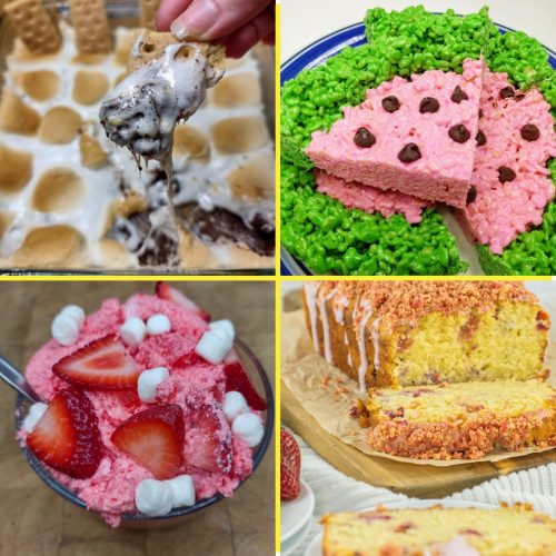 Grid of 4 summer desserts: smores dip, watermelon rice krispie treats, strawberry jello salad and strawberry crunch pound cake.