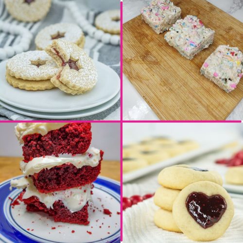 Grid of 4 valentines desserts: raspberry linzer cookies, sprinkle rice krispie treats, oreo red velvet brownies and heart thumbprint cookies.