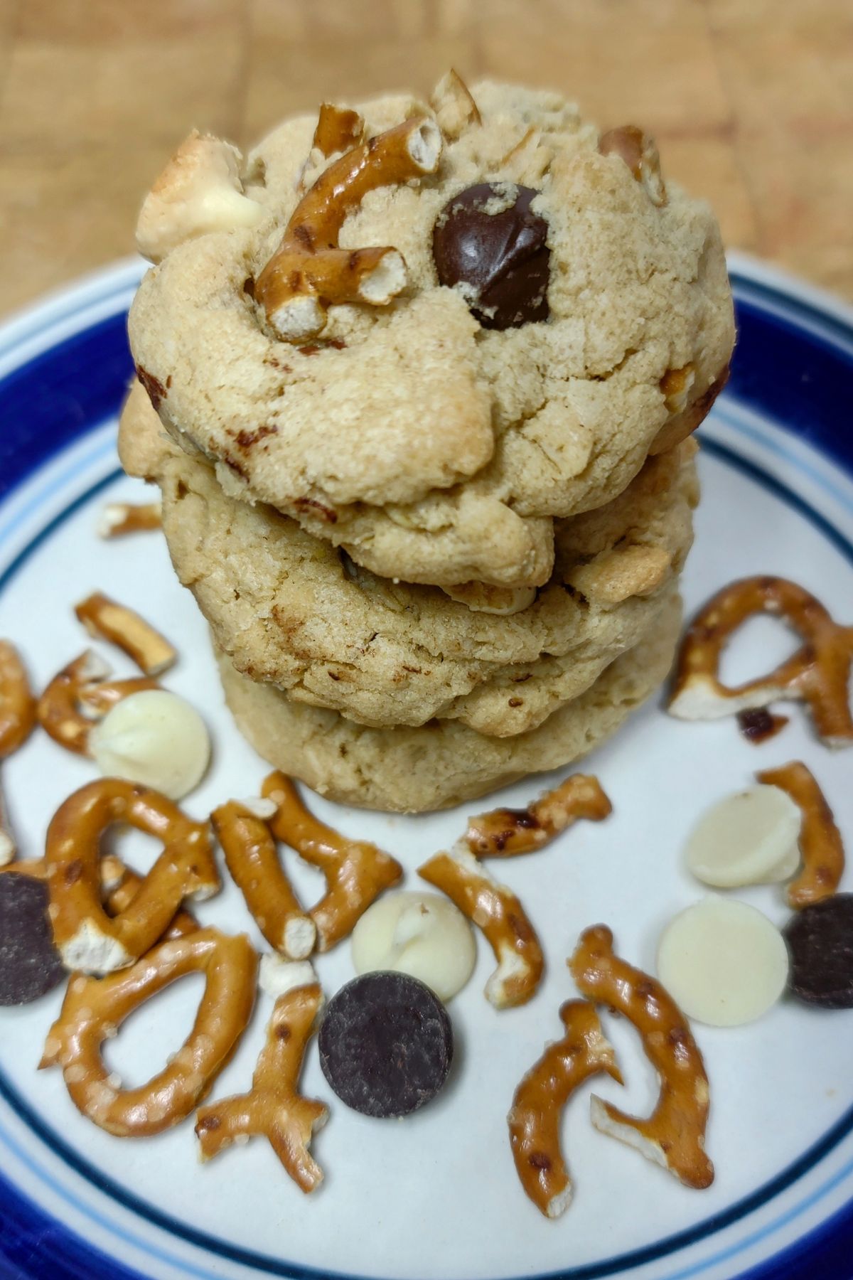 Stack of everything cookies on a plate.