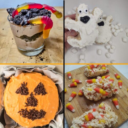 Grid of halloween desserts: dirt cup, ghost rice krispie treats, lunchbox cake and candy corn rice krispie treats.