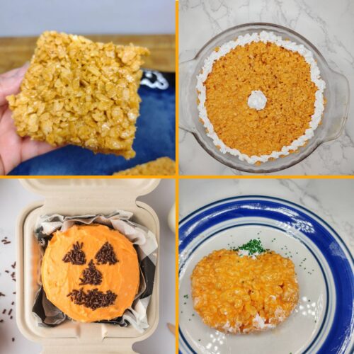Grid of pumpkin desserts: pumpkin spice, pumpkin pie, pumpkin rice krispie treat and lunchbox cake.