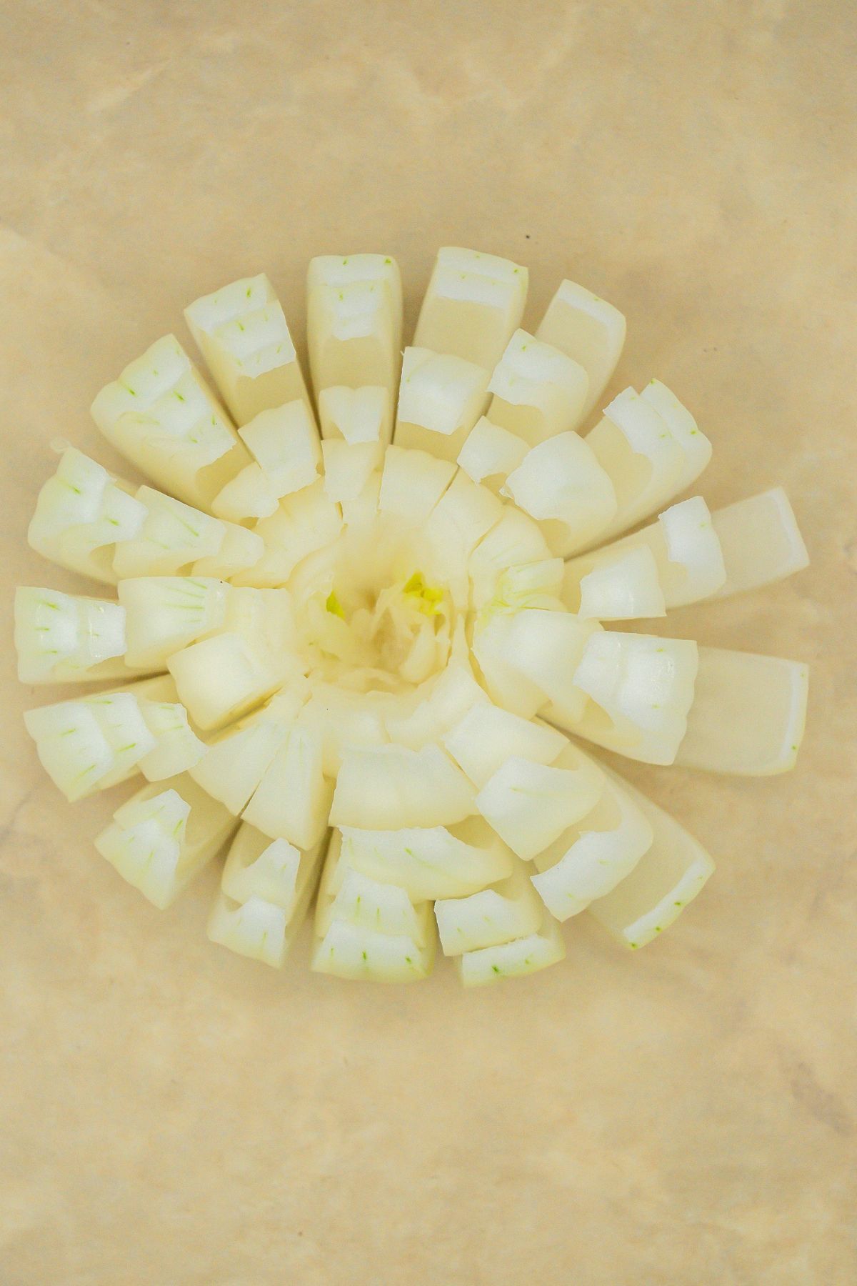 Sliced onion on parchment paper.