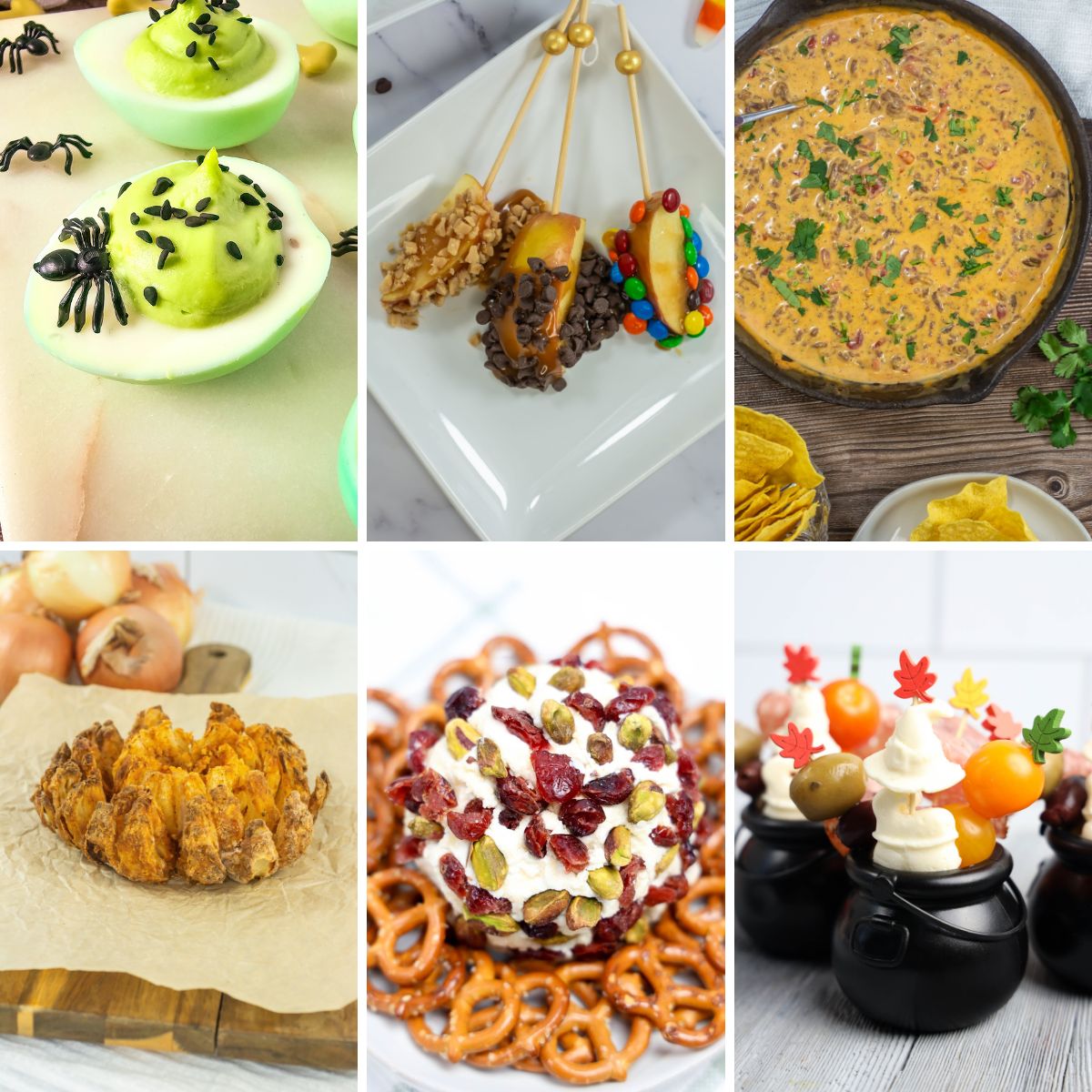 Collage image of fall movie night snacks.