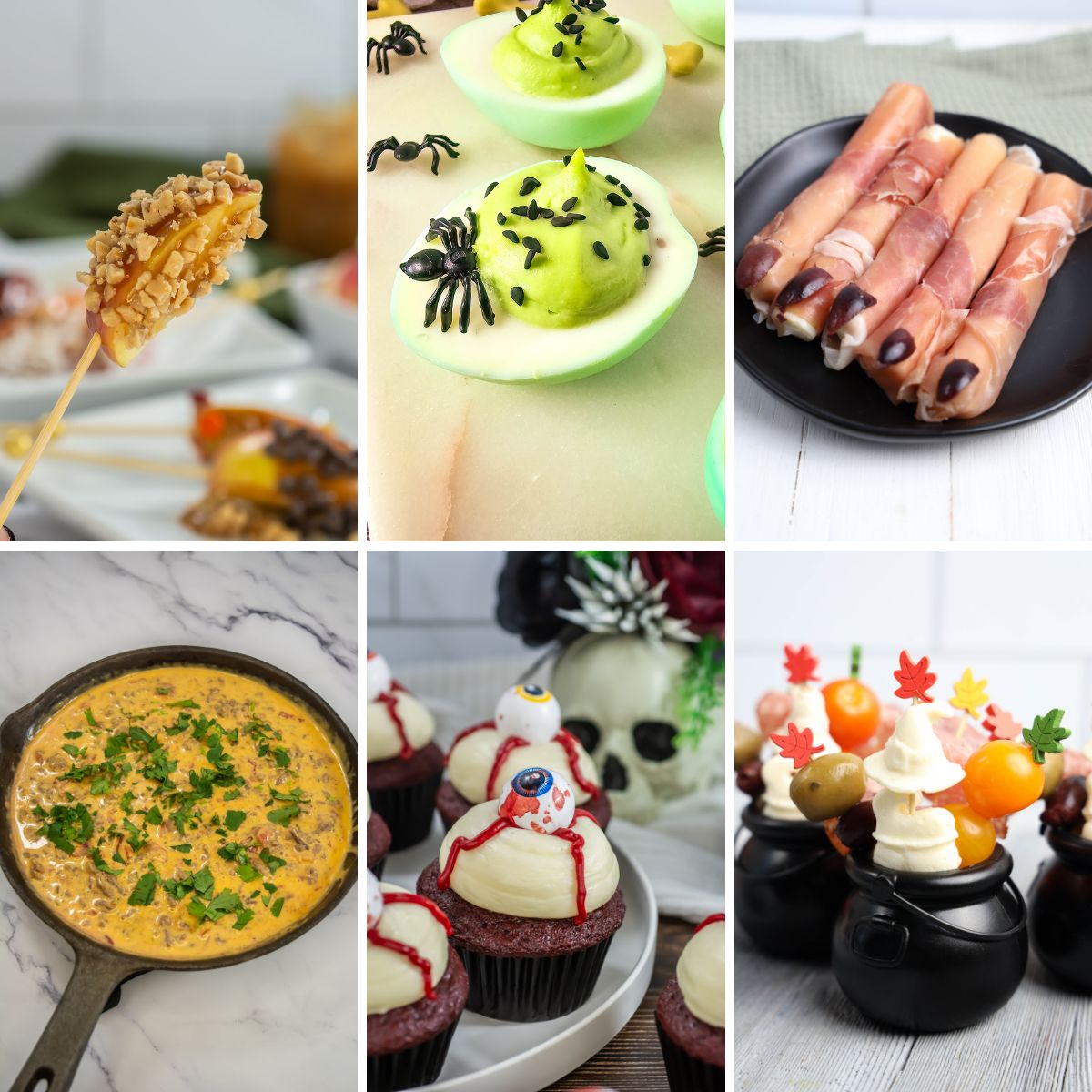 Collage image of halloween movie night snacks.