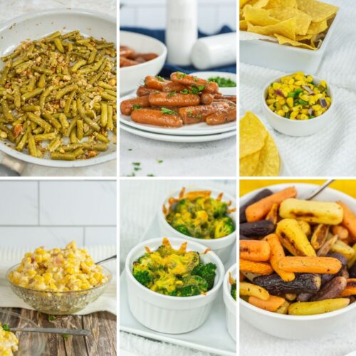 Grid of 6 friendsgiving side dish photos.