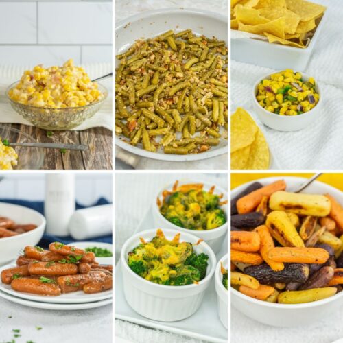 Grid of 6 thanksgiving side dish photos.