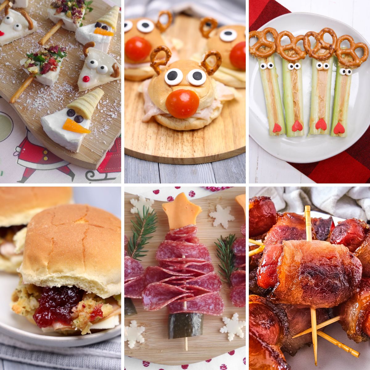 Grid of christmas appetizer pictures.
