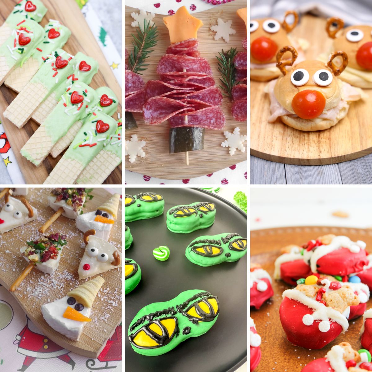 Grid of christmas party food pictures.
