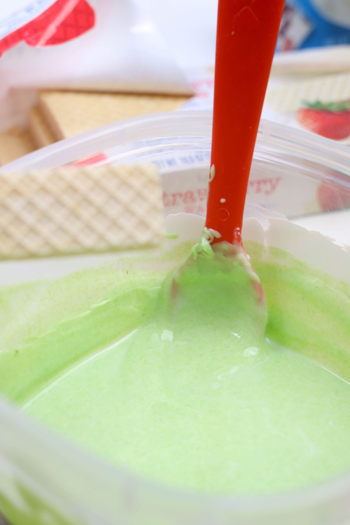 Melted green candy melts.