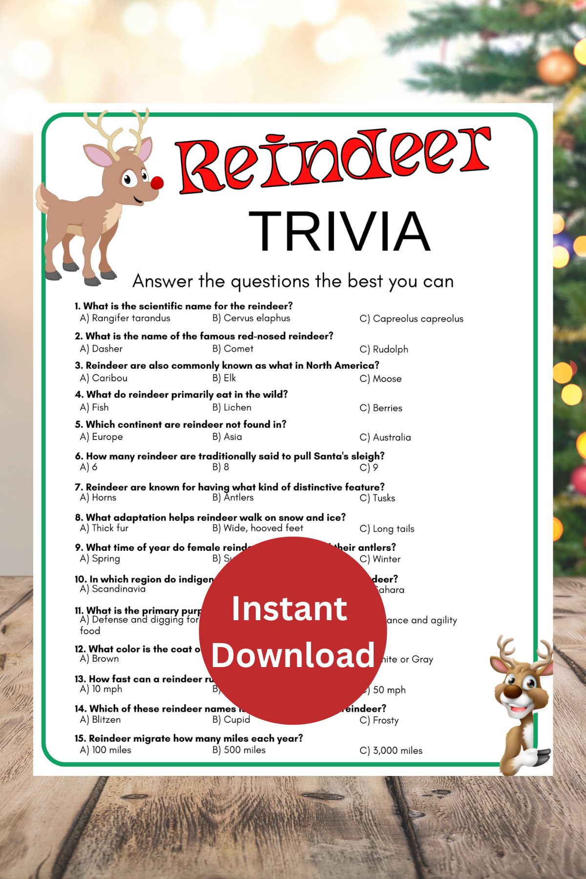 Reindeer trivia game printable.