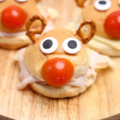 Rudolph turkey slider on a wooden plate.
