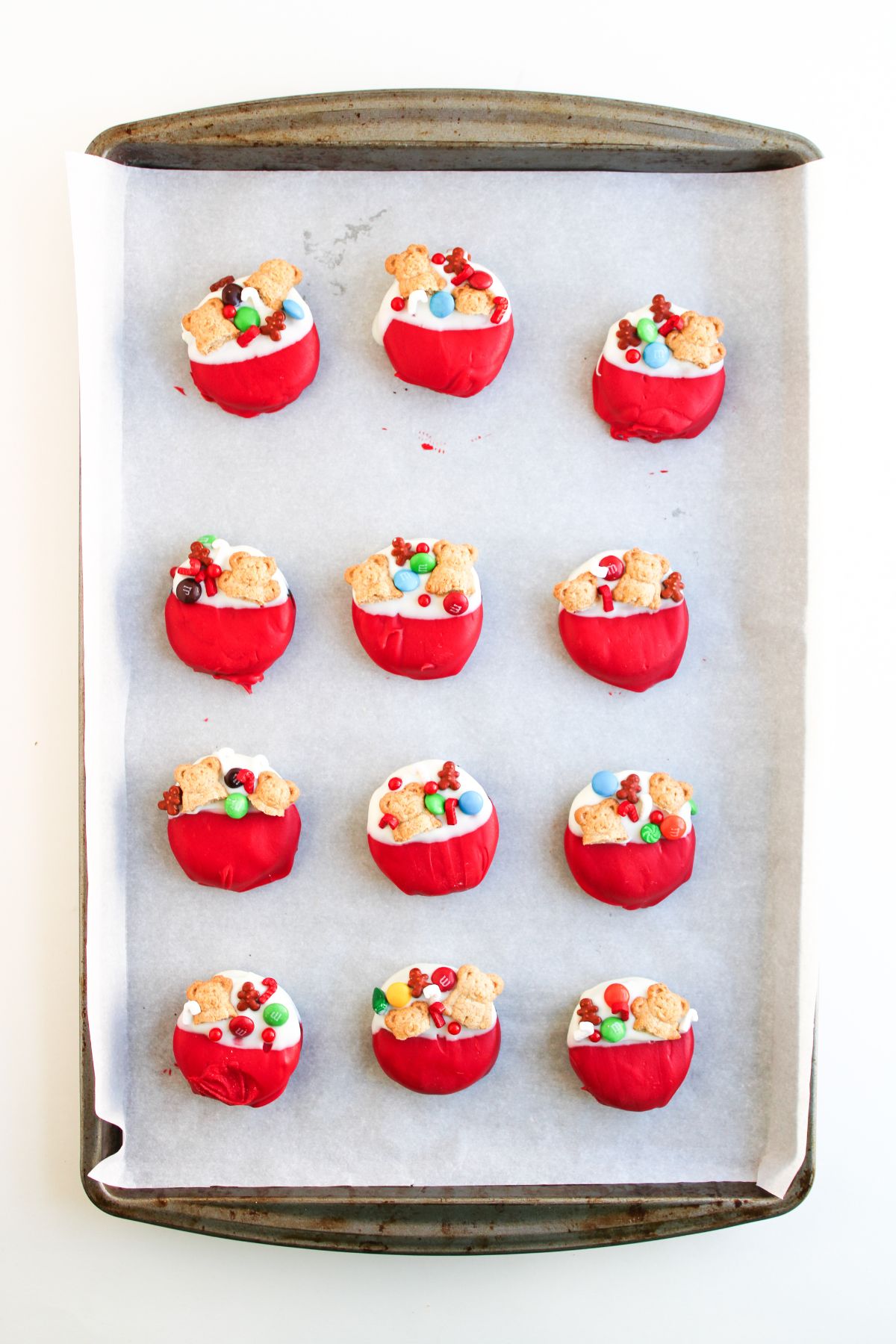 Santa Toy Bag Oreos on a baking sheet.