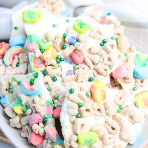 Lucky charms bark stacked on a plate.