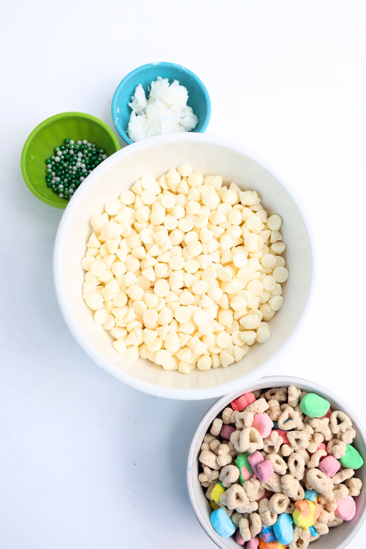 Lucky charms bark ingredients on a counter.