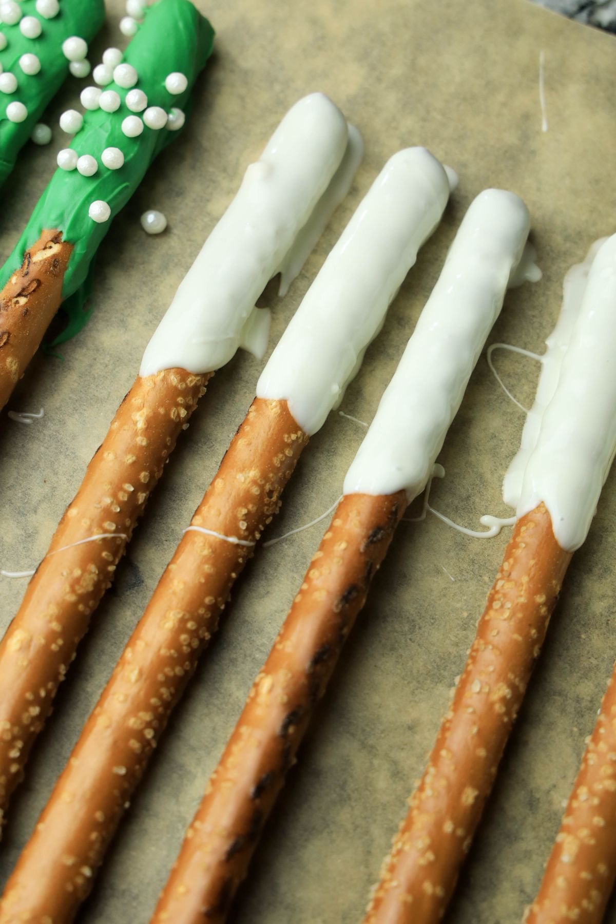 Pretzels dipped in white chocolate.