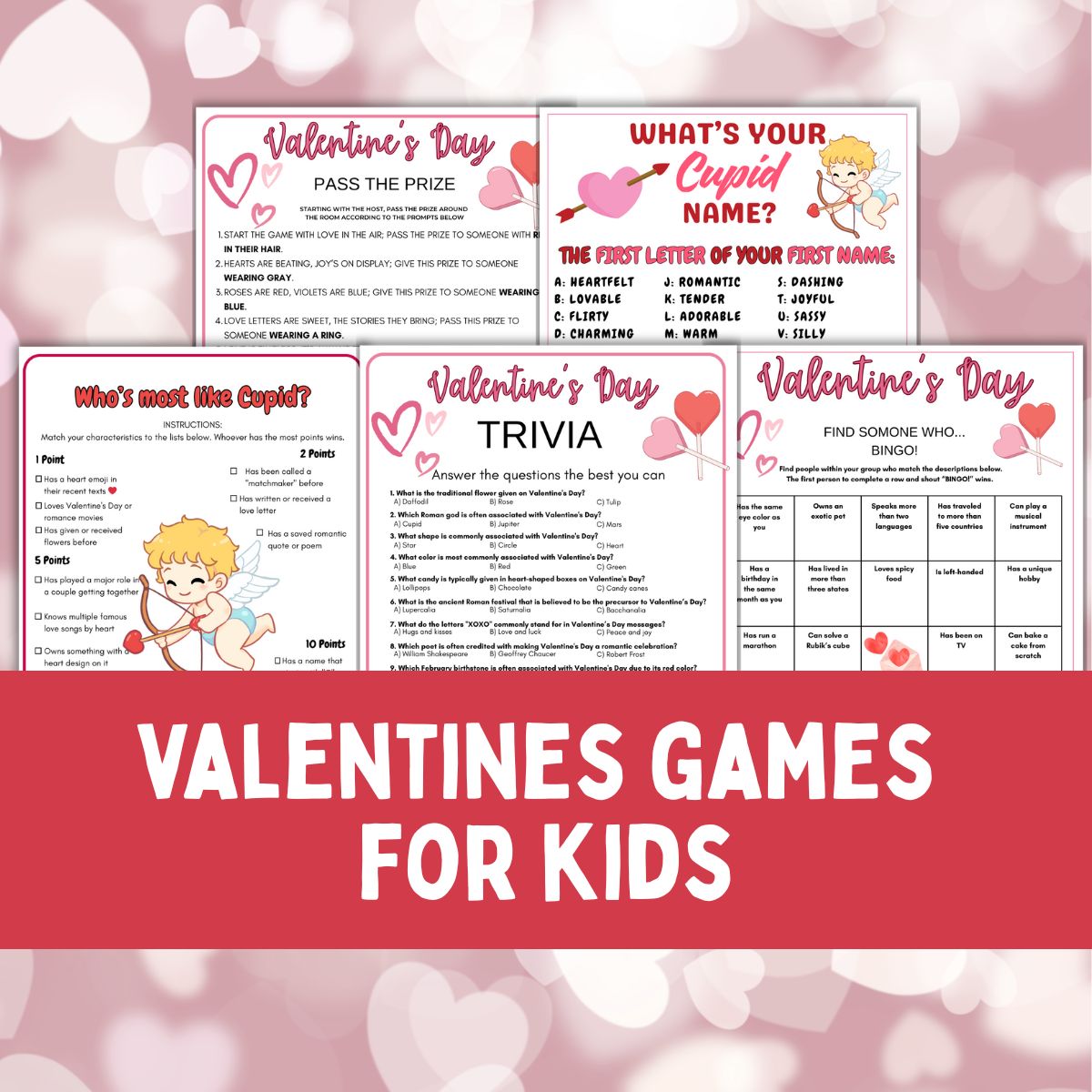 Collage of printable valentines games for kids.