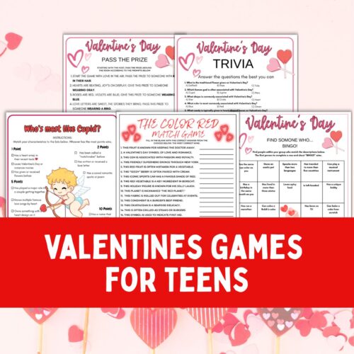 Collage of printable valentines games for teens.